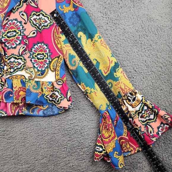 Womens Bell Sleeve Open Tie Front Kimono Medium Paisley Boho Whimsy Fairy Ruffle - Picture 7 of 11